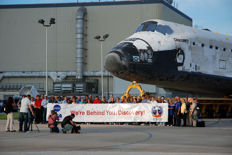 Space shuttle Discovery departs hangar for final flight