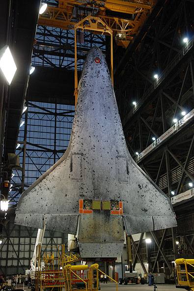 Shuttle Discovery mated with its final boosters and tank