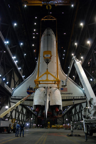 Shuttle Discovery mated with its final boosters and tank