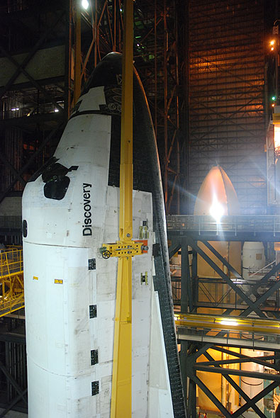 Shuttle Discovery mated with its final boosters and tank