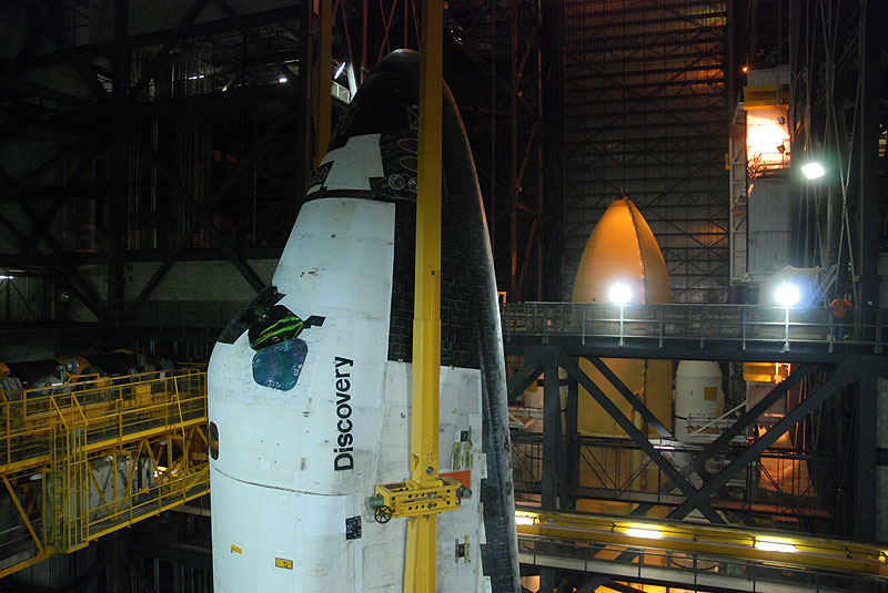 Shuttle Discovery mated with its final boosters and tank