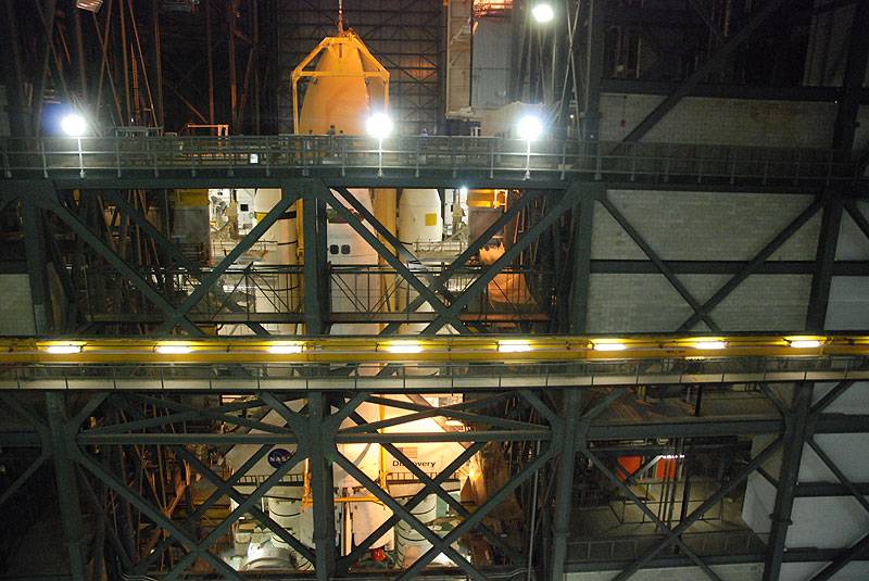 Shuttle Discovery mated with its final boosters and tank