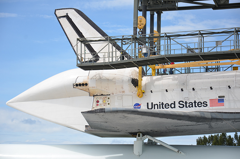 Space shuttle Endeavour mounted on 747 jet for final flight to L.A.